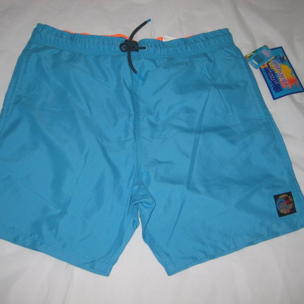 New Men's SURF SOCIETY Swimwear Shorts Soft UV Protection Wicking Blue Sz XL